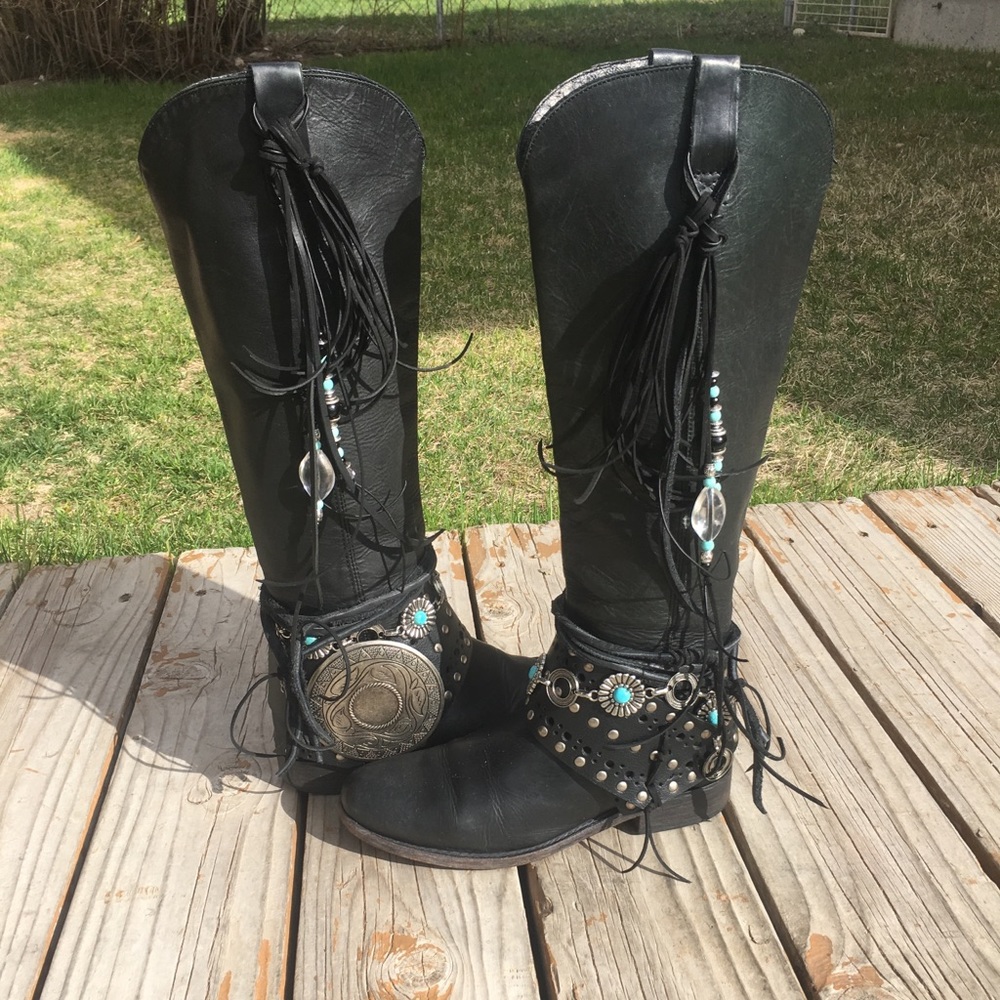Tall black leather UPCycled  Boho Boots Size 8